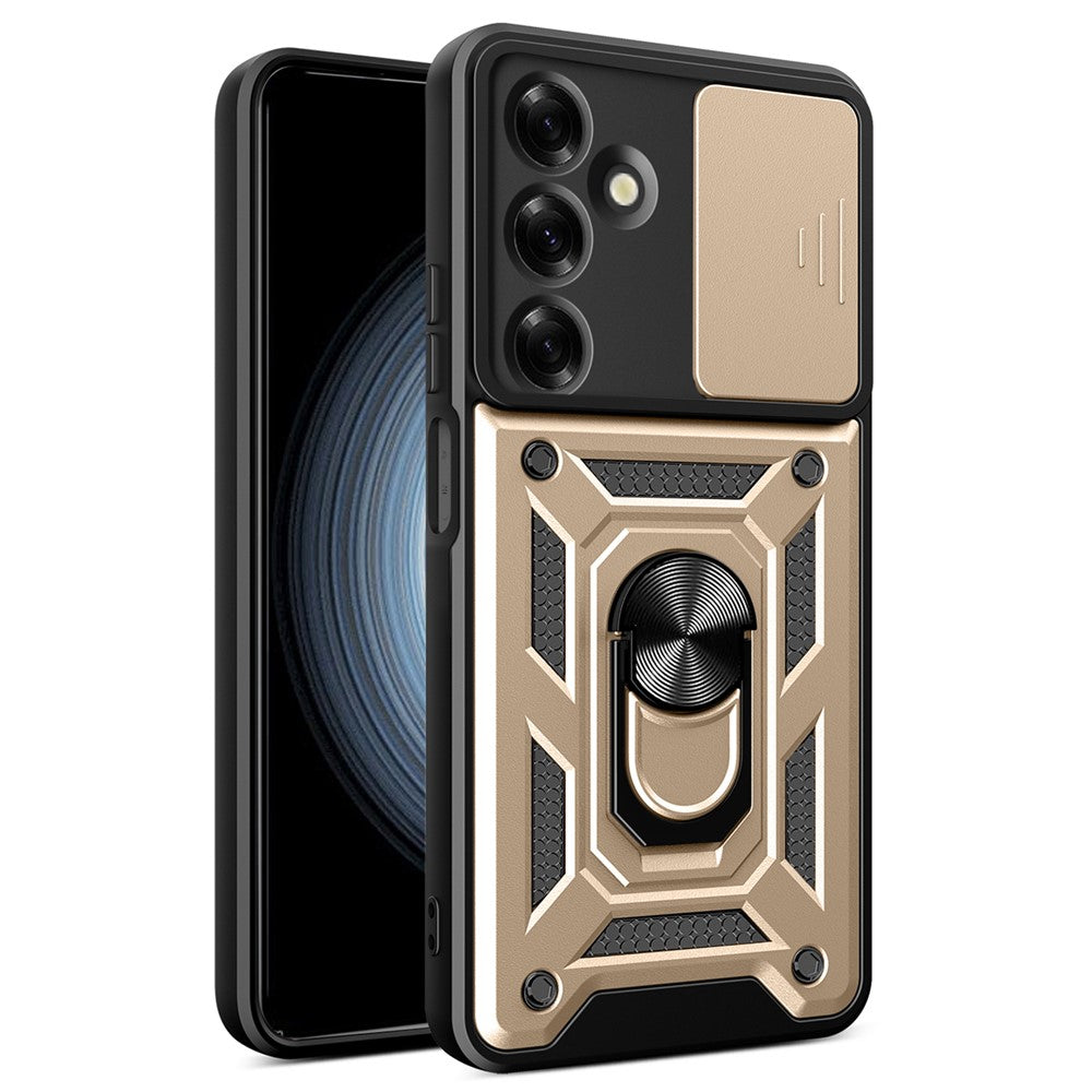 For Samsung Galaxy M35 5G Case with Slide Camera Lid PC+TPU Kickstand Phone Cover