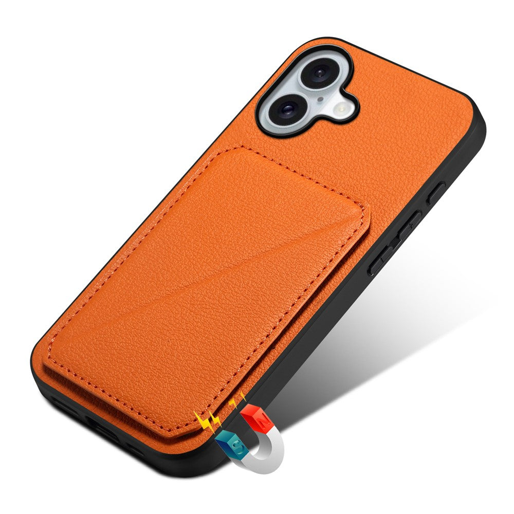 DENIOR D04 For iPhone 16 Case Dual Card Slots Leather+PC+TPU Kickstand Phone Cover