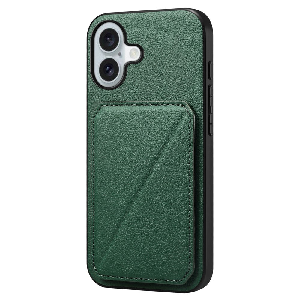 DENIOR D04 For iPhone 16 Case Dual Card Slots Leather+PC+TPU Kickstand Phone Cover