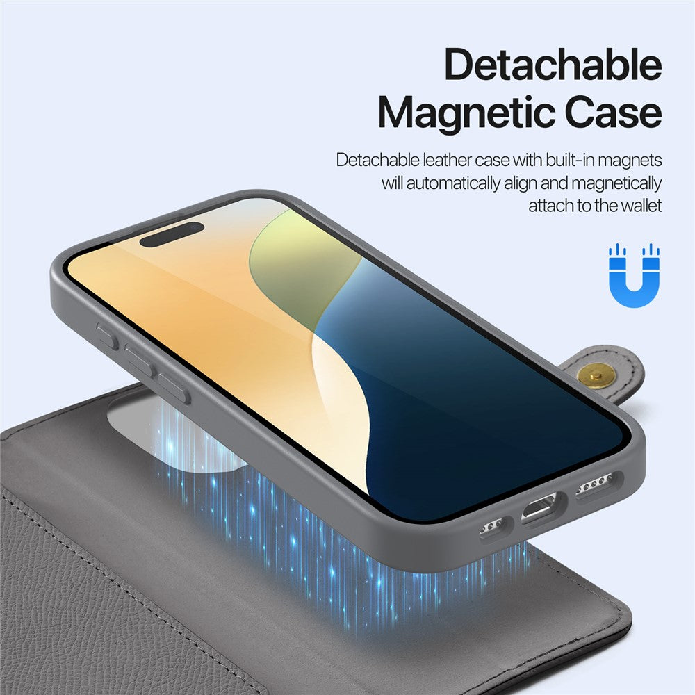 DUX DUCIS Lawa Series for iPhone 16 Pro Magnetic Case Zipper Wallet Detachable Cowhide Leather Cover