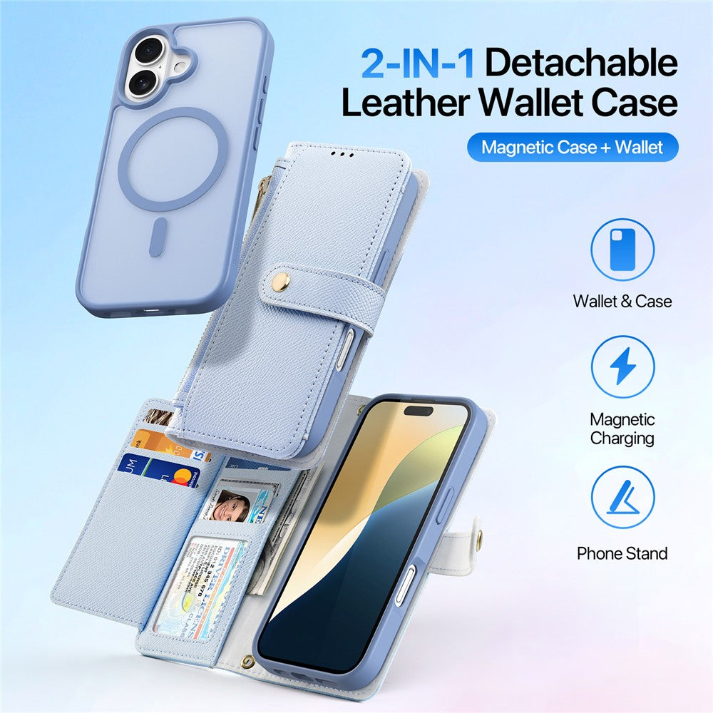 DUX DUCIS Lawa Series for iPhone 16 Magnetic Case Detachable Zipper Wallet Cowhide Leather Cover