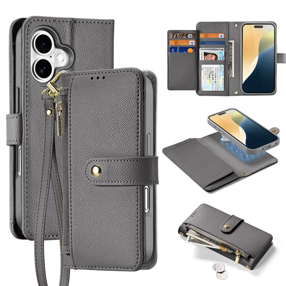 DUX DUCIS Lawa Series for iPhone 16 Magnetic Case Detachable Zipper Wallet Cowhide Leather Cover