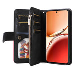 Läderfodral för Oppo Reno12 F 5G med rem, dragkedja, 9 kortplatser, mobilfodral, stativ