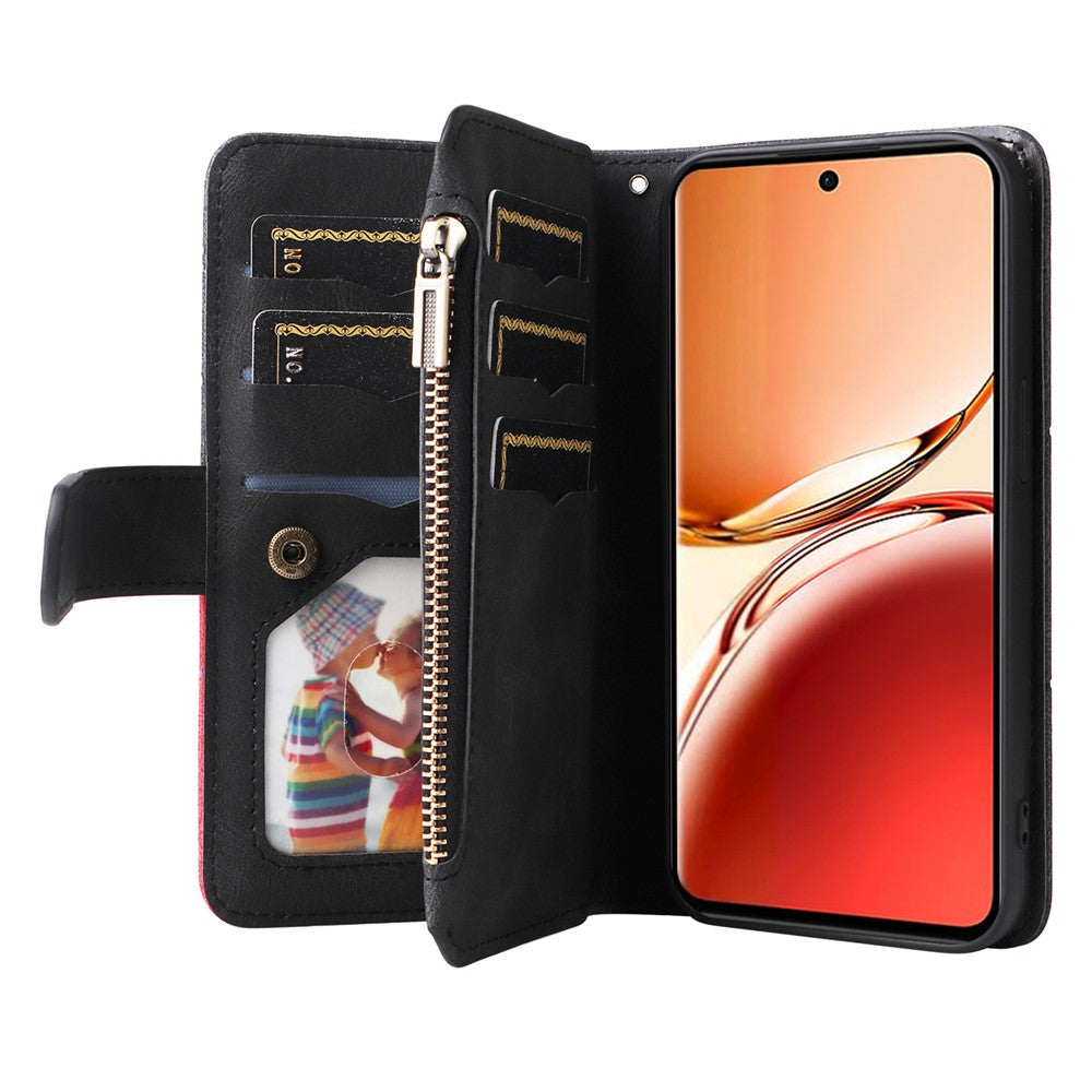 Läderfodral för Oppo Reno12 F 5G med rem, dragkedja, 9 kortplatser, mobilfodral, stativ