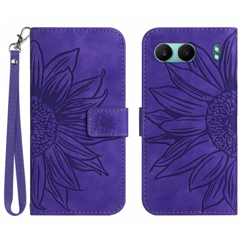 HT04 För OnePlus Nord 4 Skal Sunflower Imprint Läderplånbok mobilskal med Handledsrem