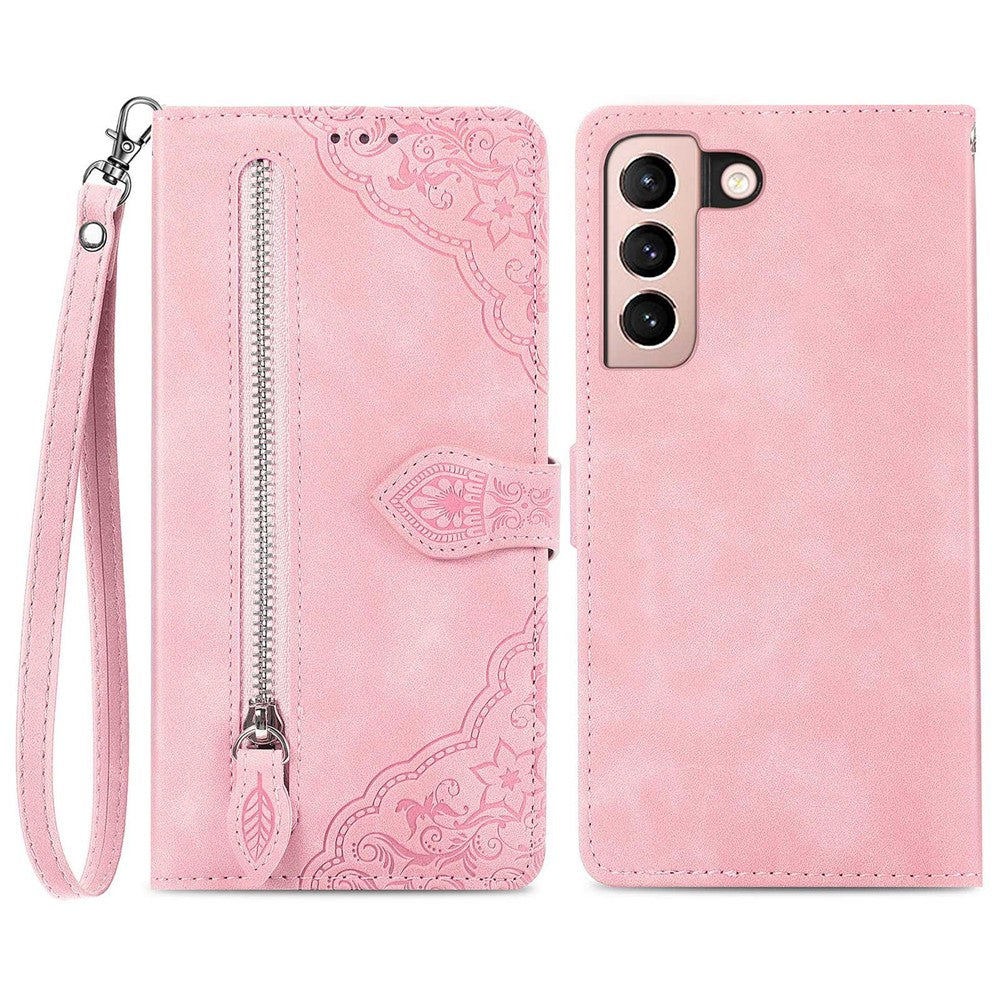 Til Samsung Galaxy S21 5G / S21 4G lynlåspung-etui med rem og blomsterprint i PU-læder
