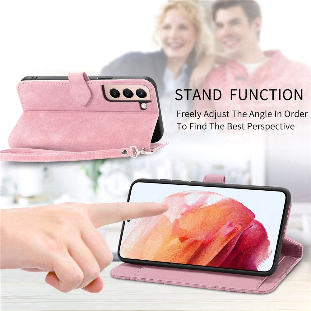 Til Samsung Galaxy S21 5G / S21 4G lynlåspung-etui med rem og blomsterprint i PU-læder