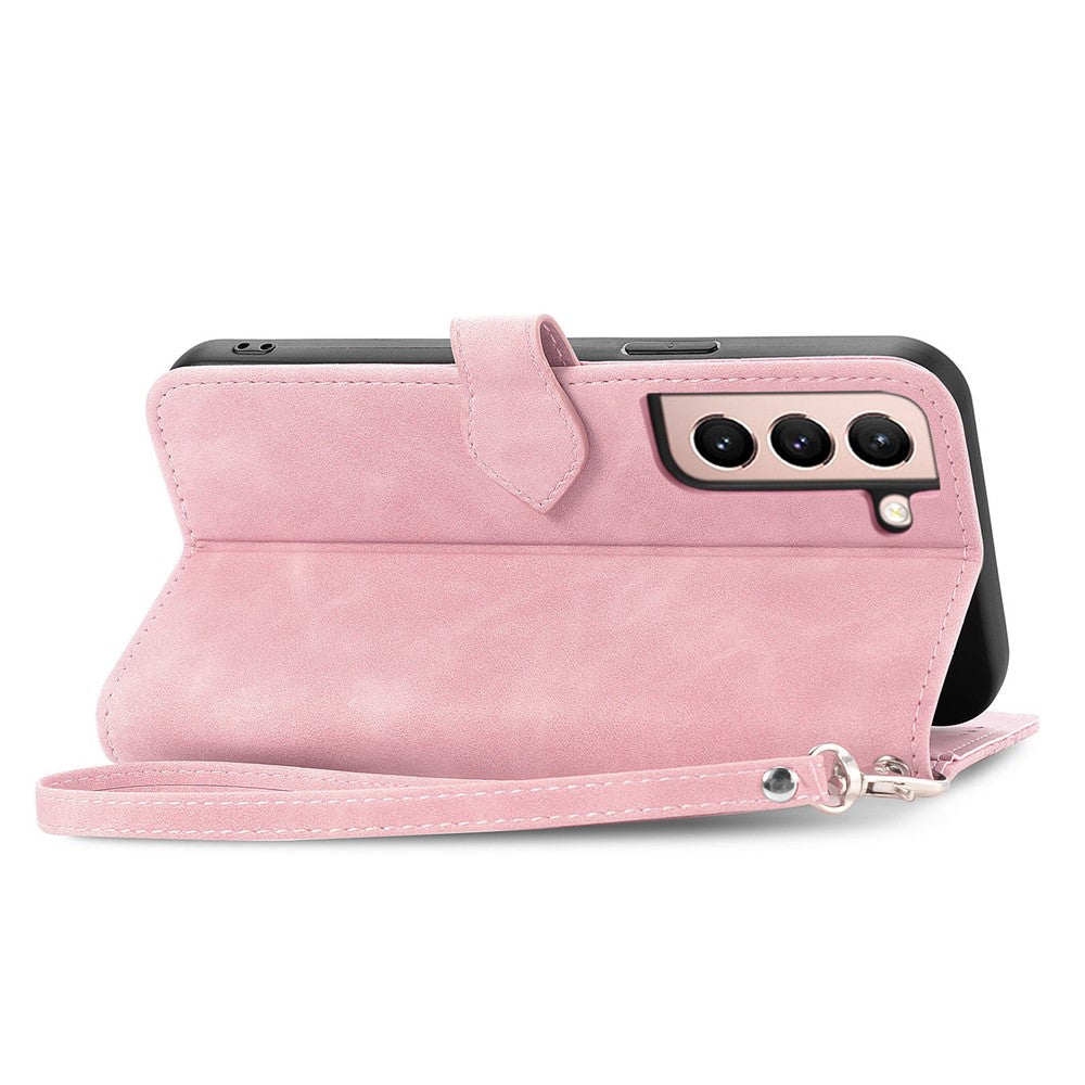Til Samsung Galaxy S21 5G / S21 4G lynlåspung-etui med rem og blomsterprint i PU-læder