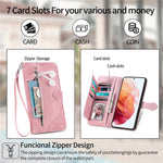 Til Samsung Galaxy S21 5G / S21 4G lynlåspung-etui med rem og blomsterprint i PU-læder