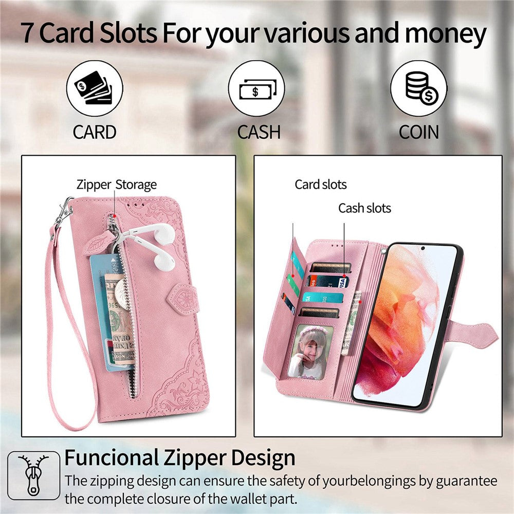 Til Samsung Galaxy S21 5G / S21 4G lynlåspung-etui med rem og blomsterprint i PU-læder