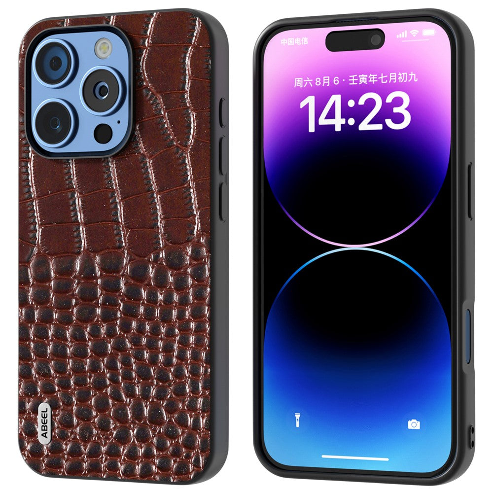 ABEEL For iPhone 16 Pro Case Genuine Cow Leather Back Phone Cover Crocodile Texture
