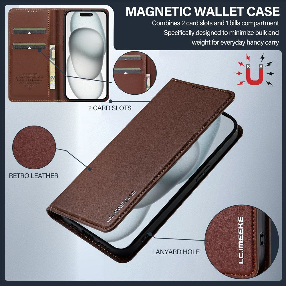 LC.IMEEKE L1 Series for iPhone 15 Plus Case PU Leather Wallet Stand Protective Phone Cover