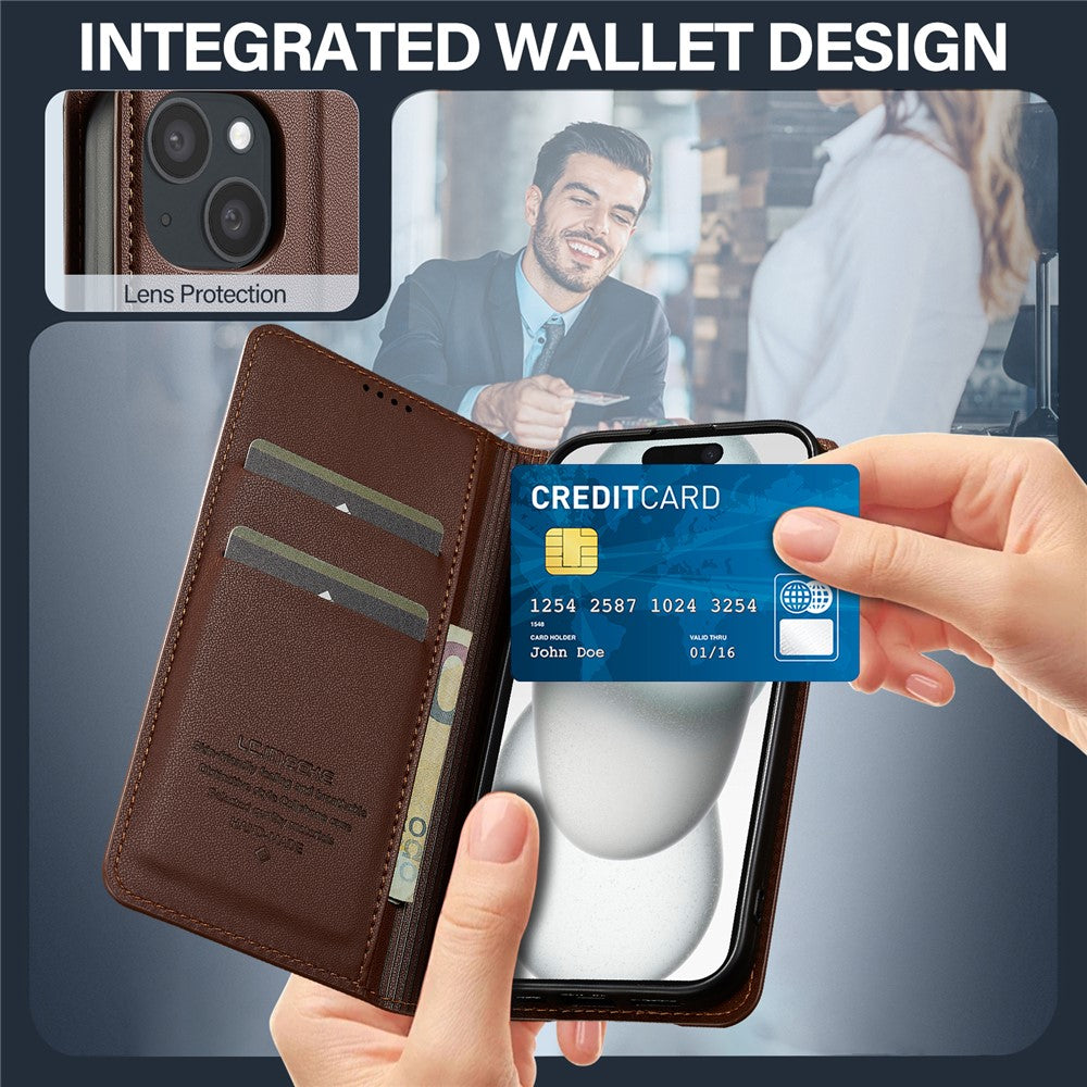 LC.IMEEKE L1 Series for iPhone 15 Plus Case PU Leather Wallet Stand Protective Phone Cover