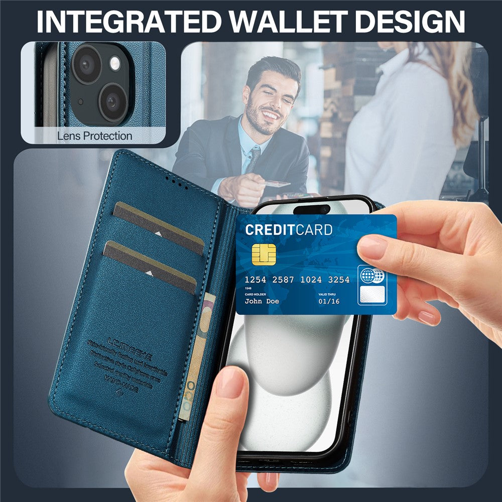 LC.IMEEKE L1 Series for iPhone 15 Case PU Leather Wallet Stand Protective Phone Cover