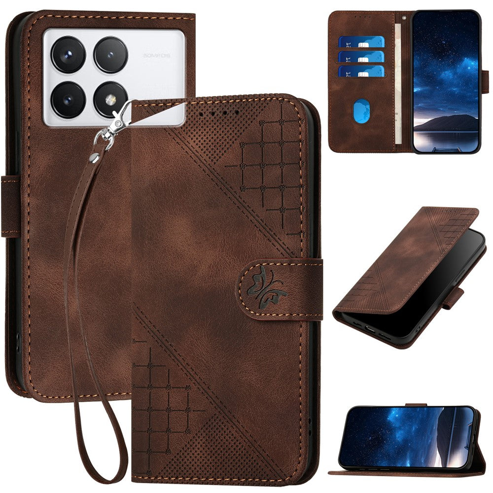 For Xiaomi Poco X6 Pro 5G / Redmi K70E 5G Leather Wallet Case Butterfly Flower Imprinted Phone Cover with Strap