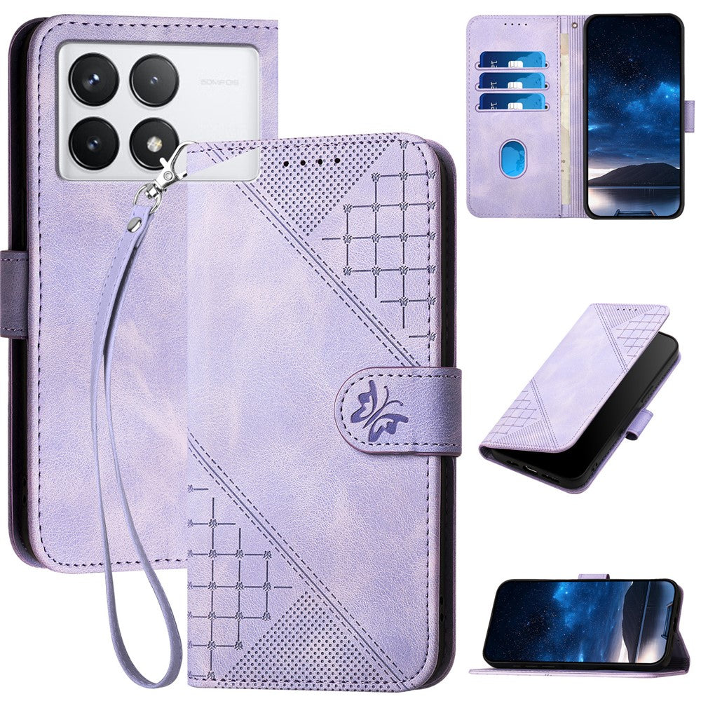 For Xiaomi Poco X6 Pro 5G / Redmi K70E 5G Leather Wallet Case Butterfly Flower Imprinted Phone Cover with Strap