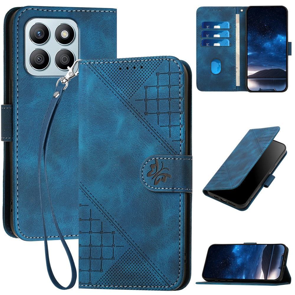 For Honor X8b 4G Leather Wallet Case Butterfly Flower Imprinted Phone Cover with Strap