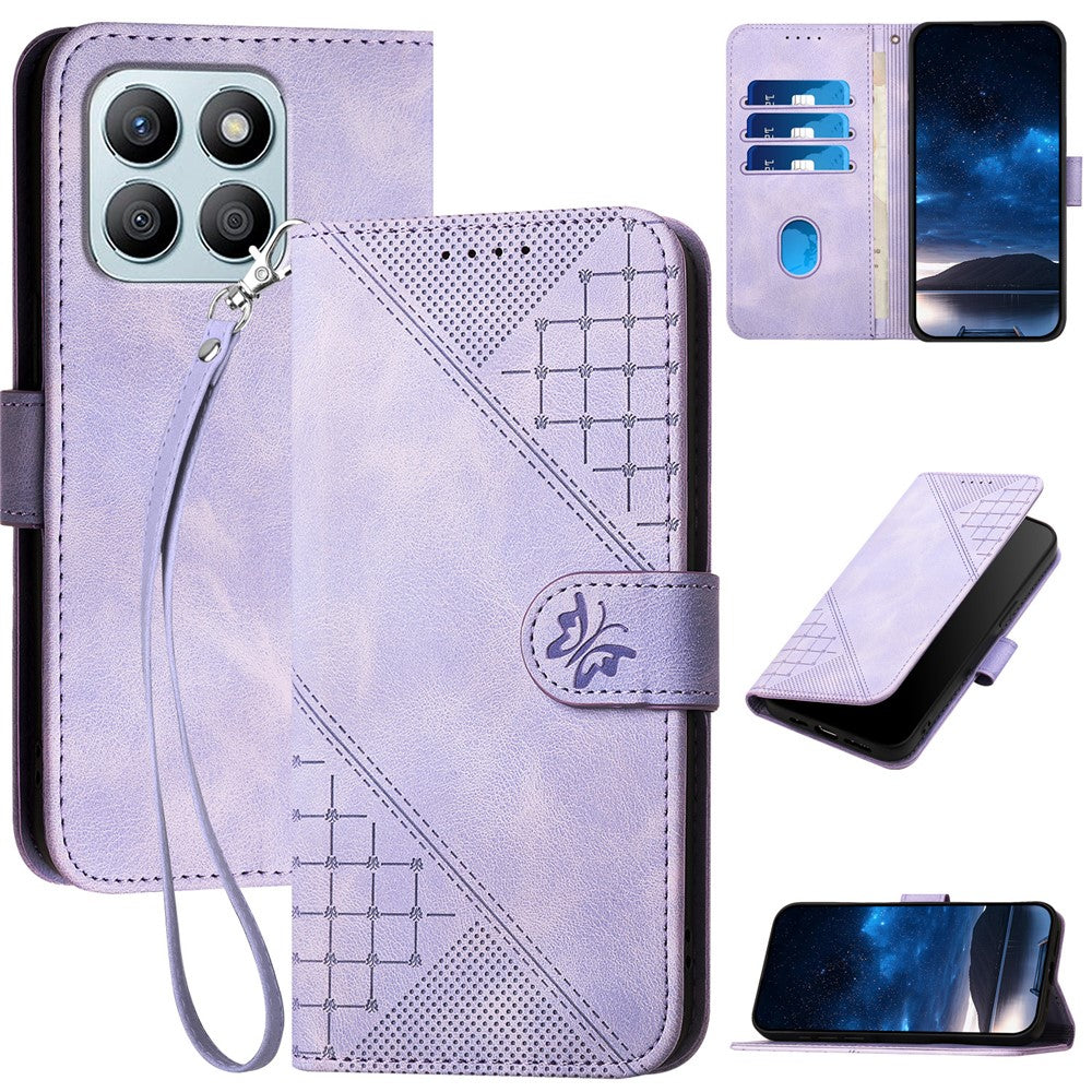 For Honor X8b 4G Leather Wallet Case Butterfly Flower Imprinted Phone Cover with Strap