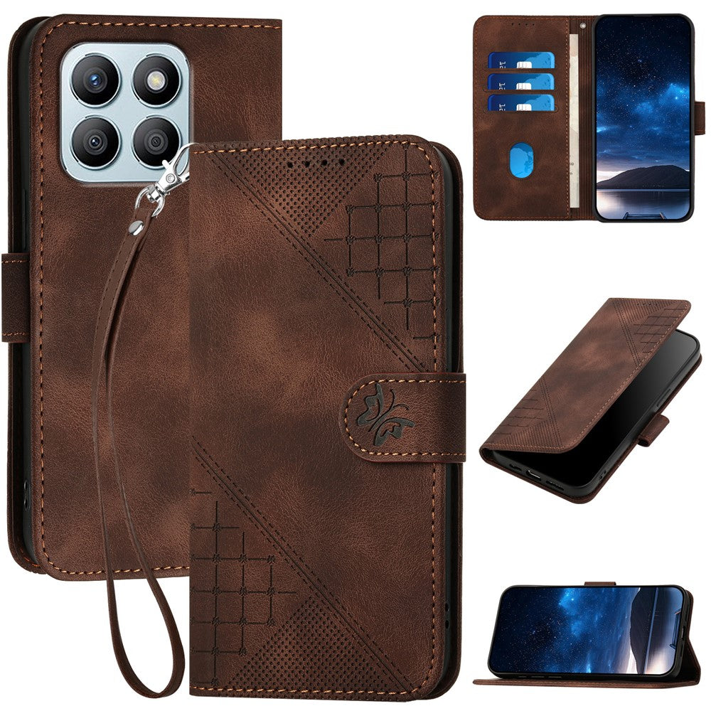 For Honor X8b 4G Leather Wallet Case Butterfly Flower Imprinted Phone Cover with Strap