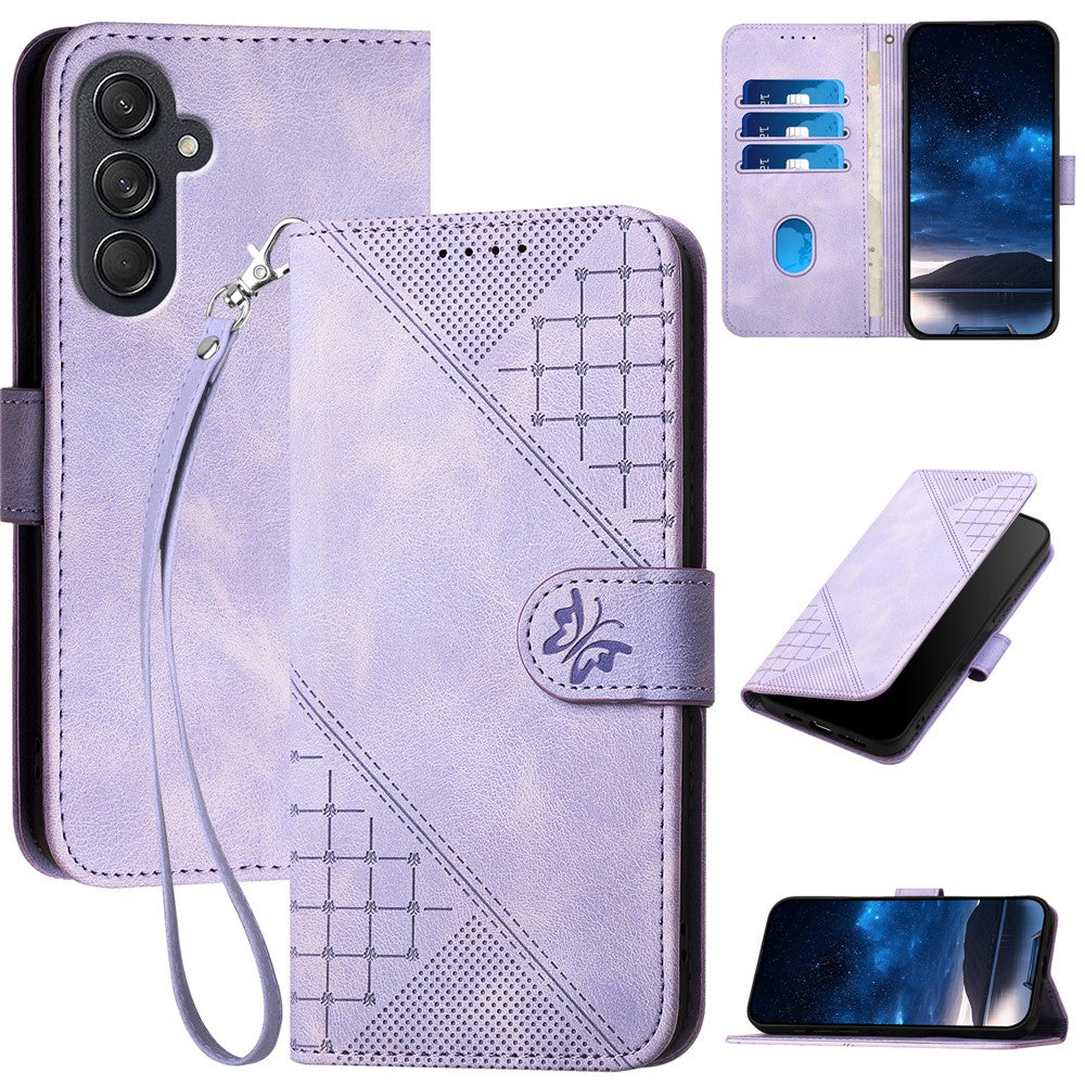 For Samsung Galaxy F55 5G / C55 5G / M55 5G Leather Wallet Case Butterfly Flower Imprinted Phone Cover with Strap