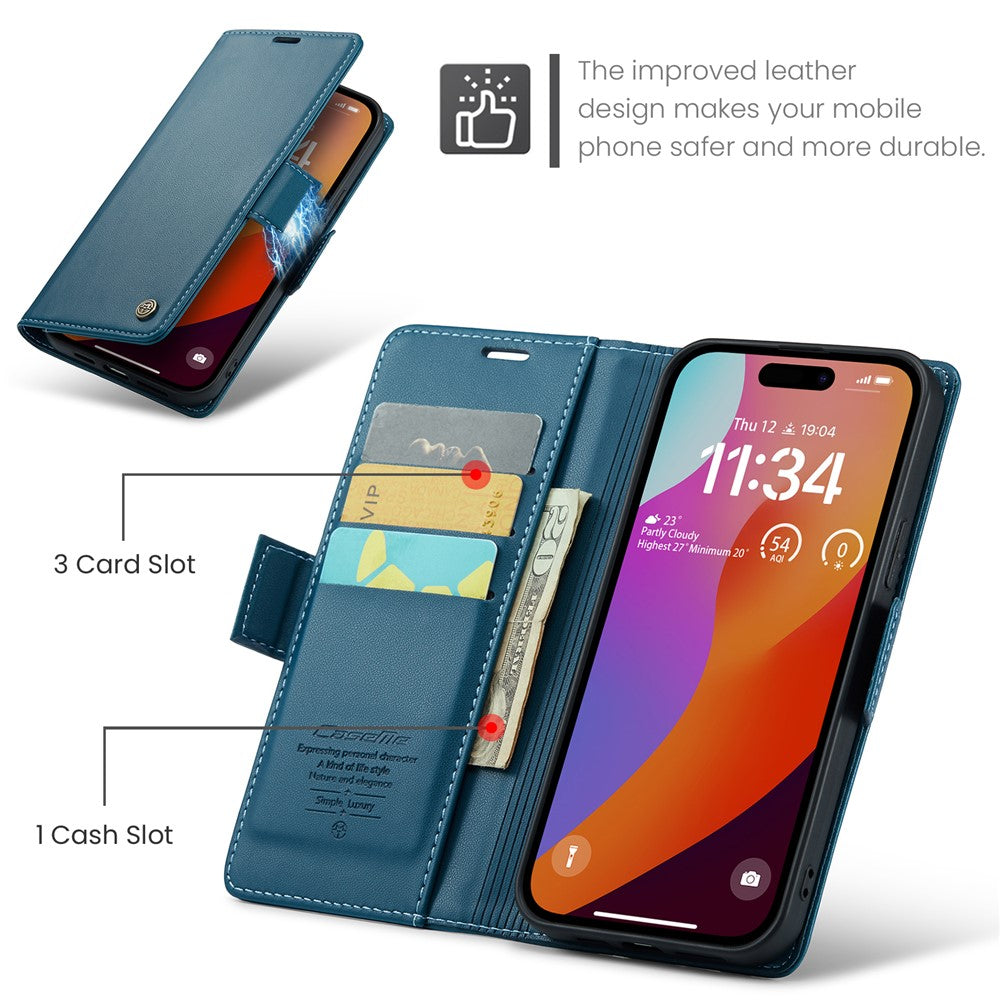 For iPhone 16 Pro Leather Case CASEME 023 RFID Blocking 3 Card Slot Mobile Cover