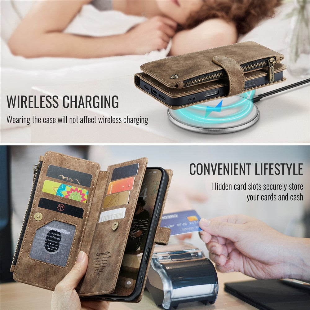 For iPhone 16 Pro Max Phone Cases with Strap CASEME C30 Zipper Multiple Card Holder PU Leather Cover