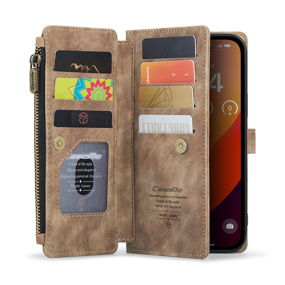 For iPhone 16 Pro Max Phone Cases with Strap CASEME C30 Zipper Multiple Card Holder PU Leather Cover