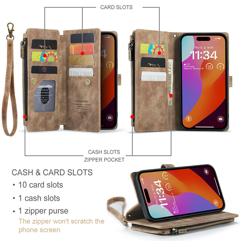 For iPhone 16 Pro Max Phone Cases with Strap CASEME C30 Zipper Multiple Card Holder PU Leather Cover