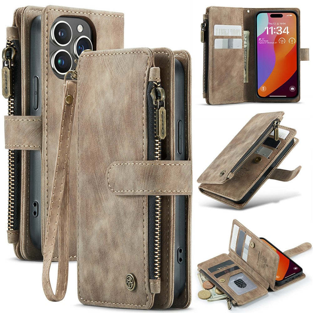 Til iPhone 16 Pro Covers med Rem CASEME C30 Lynlås Flere Kortlommer PU Læder Cover