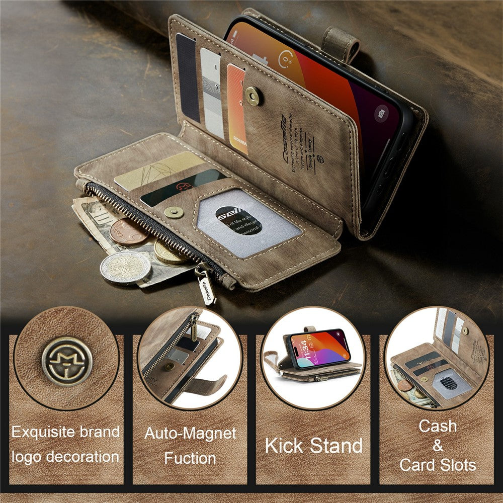 For iPhone 16 Pro Phone Cases with Strap CASEME C30 Zipper Multiple Card Holder PU Leather Cover