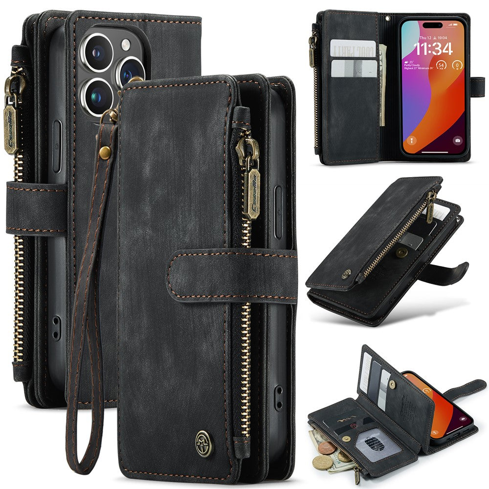 For iPhone 16 Pro Phone Cases with Strap CASEME C30 Zipper Multiple Card Holder PU Leather Cover