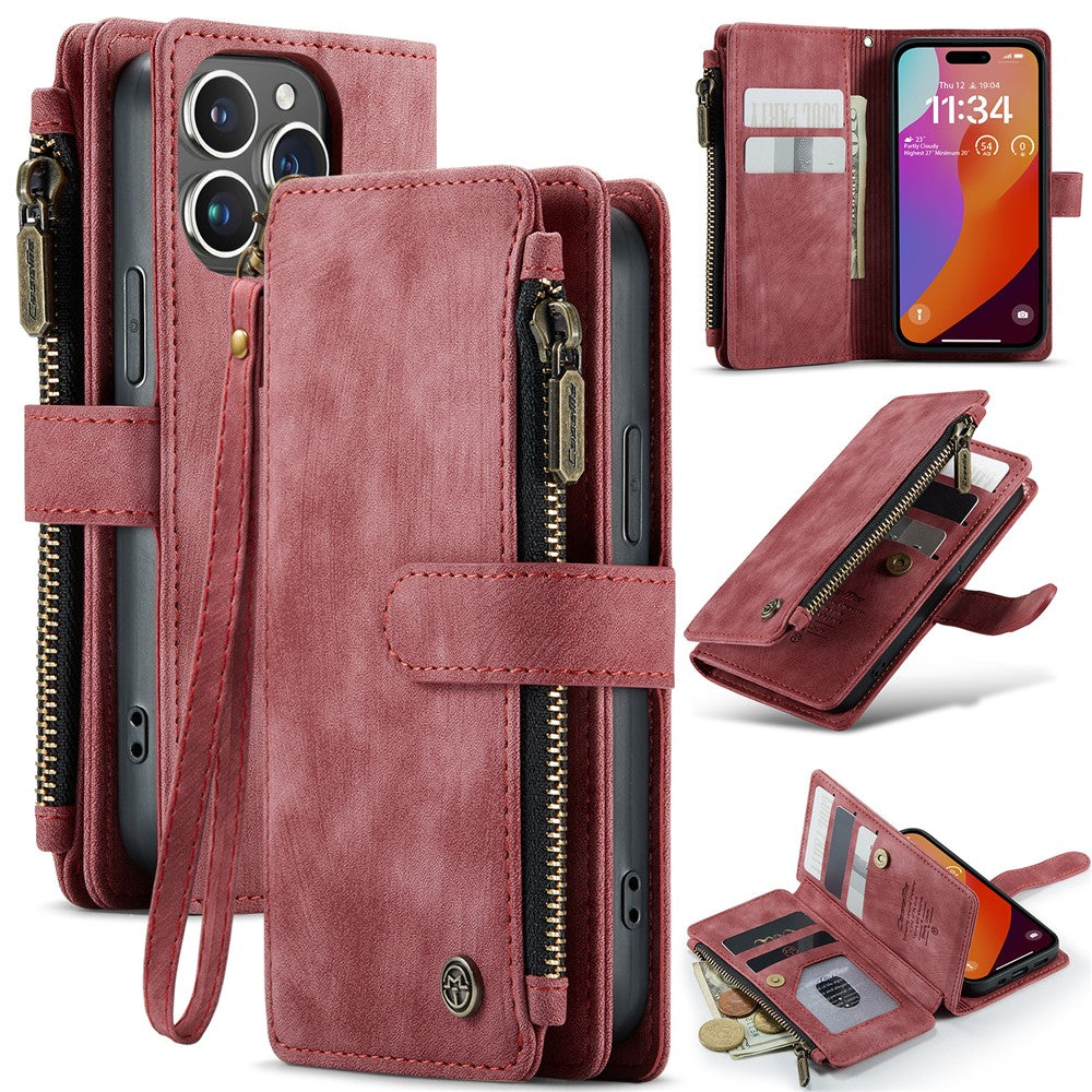 For iPhone 16 Pro Phone Cases with Strap CASEME C30 Zipper Multiple Card Holder PU Leather Cover