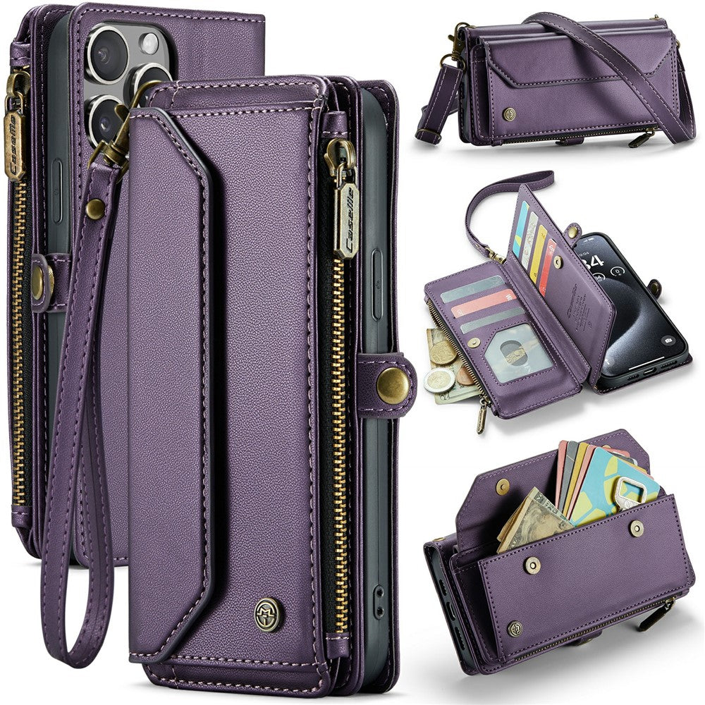 For iPhone 16 Pro Max Leather Case CASEME C36 Zipper Multiple Card Slots Phone Cover with Straps