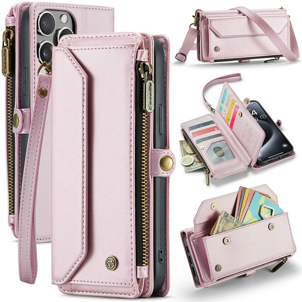 For iPhone 16 Pro Max Leather Case CASEME C36 Zipper Multiple Card Slots Phone Cover with Straps
