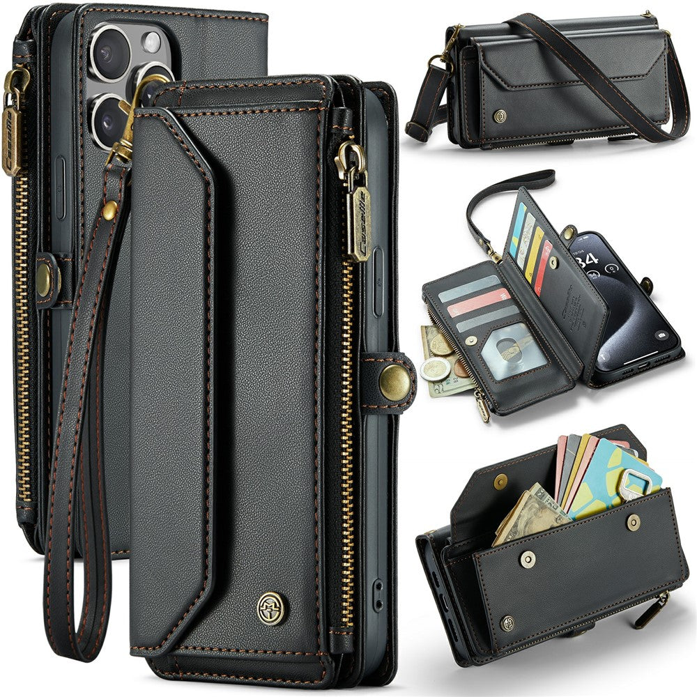 For iPhone 16 Pro Leather Case CASEME C36 Zipper Multiple Card Slots Phone Cover with Straps