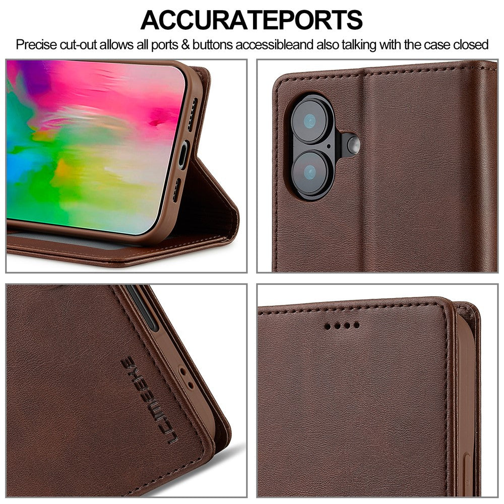 LC.IMEEKE For iPhone 16 Plus Case Calf Texture PU Leather Stand Wallet Phone Cover