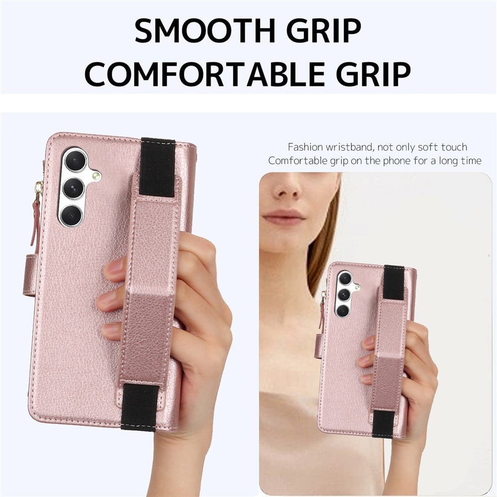 XL-001 För Samsung Galaxy A15 4G / 5G Skal Blixtlåsficka Armbandsställ Lädermobilskal