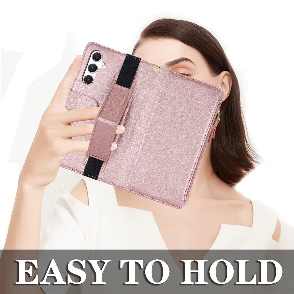 XL-001 För Samsung Galaxy A15 4G / 5G Skal Blixtlåsficka Armbandsställ Lädermobilskal