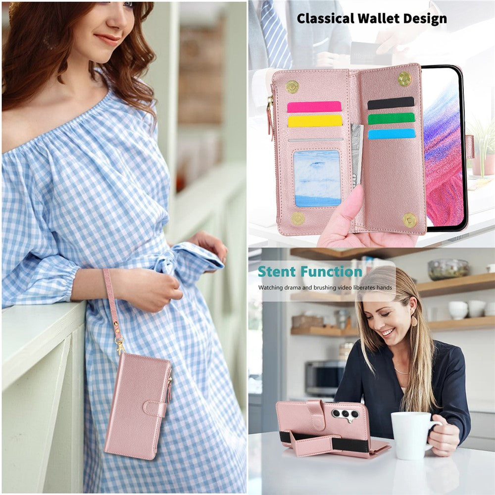 XL-001 För Samsung Galaxy A15 4G / 5G Skal Blixtlåsficka Armbandsställ Lädermobilskal