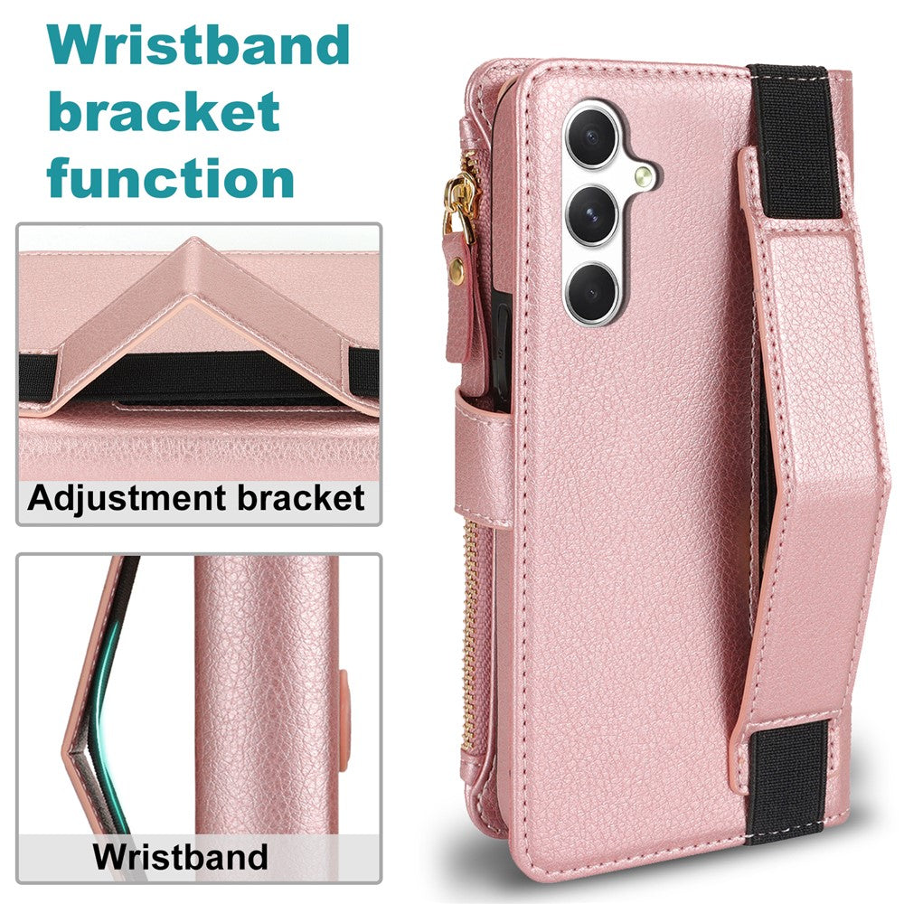XL-001 För Samsung Galaxy A15 4G / 5G Skal Blixtlåsficka Armbandsställ Lädermobilskal