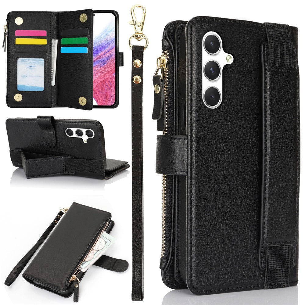 XL-001 För Samsung Galaxy A15 4G / 5G Skal Blixtlåsficka Armbandsställ Lädermobilskal