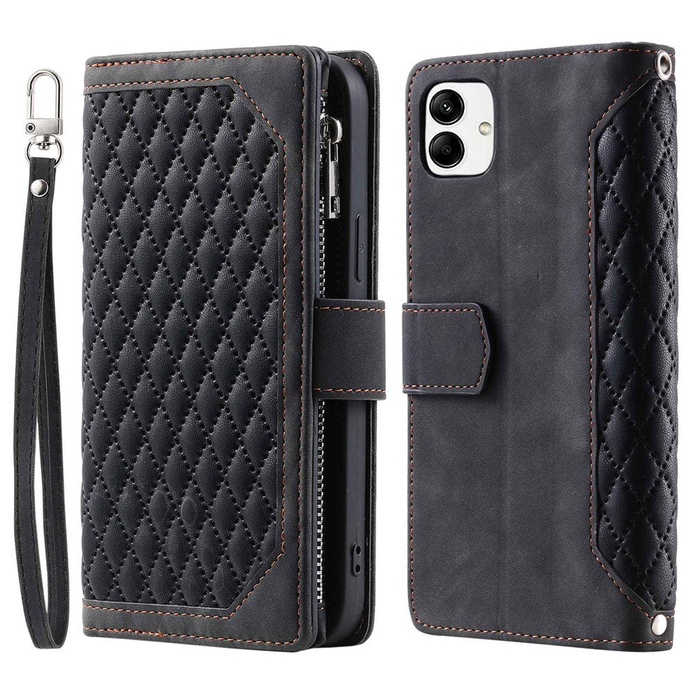 Samsung Galaxy A04 4G (164,4 x 76,3 x 9,1 mm) 005-stil PU-läder Magnetisk handväska Rombpräglad dragkedjaficka Flera kortfack Plånboksfodral med handledsrem