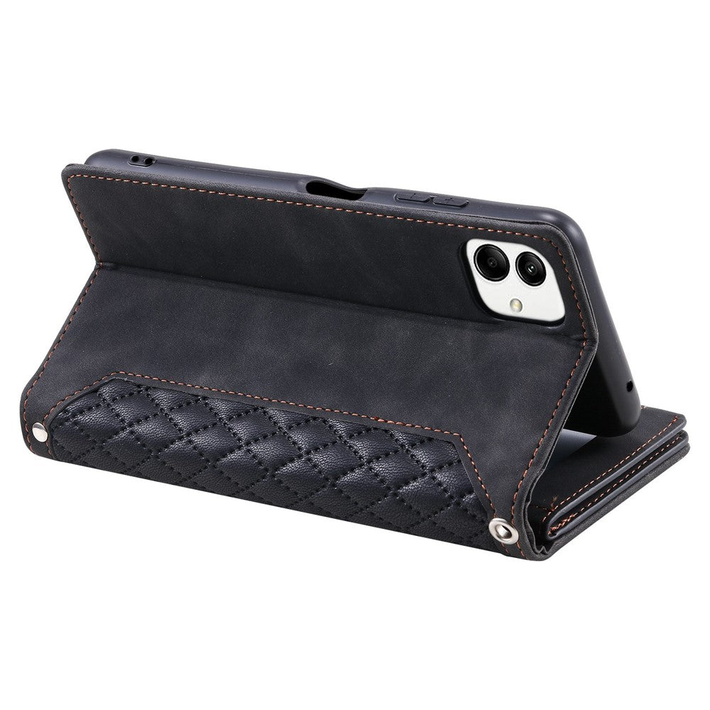 Samsung Galaxy A04 4G (164,4 x 76,3 x 9,1 mm) 005-stil PU-läder Magnetisk handväska Rombpräglad dragkedjaficka Flera kortfack Plånboksfodral med handledsrem