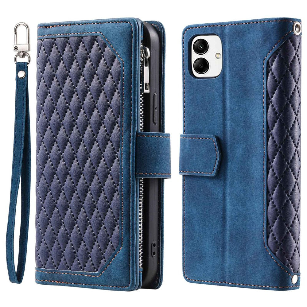 Samsung Galaxy A04 4G (164,4 x 76,3 x 9,1 mm) 005-stil PU-läder Magnetisk handväska Rombpräglad dragkedjaficka Flera kortfack Plånboksfodral med handledsrem