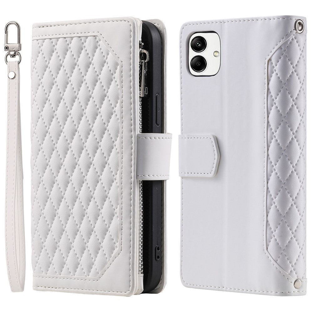 Samsung Galaxy A04 4G (164,4 x 76,3 x 9,1 mm) 005-stil PU-läder Magnetisk handväska Rombpräglad dragkedjaficka Flera kortfack Plånboksfodral med handledsrem