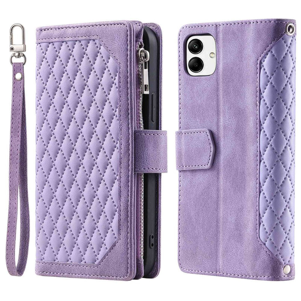 Samsung Galaxy A04 4G (164,4 x 76,3 x 9,1 mm) 005-stil PU-läder Magnetisk handväska Rombpräglad dragkedjaficka Flera kortfack Plånboksfodral med handledsrem