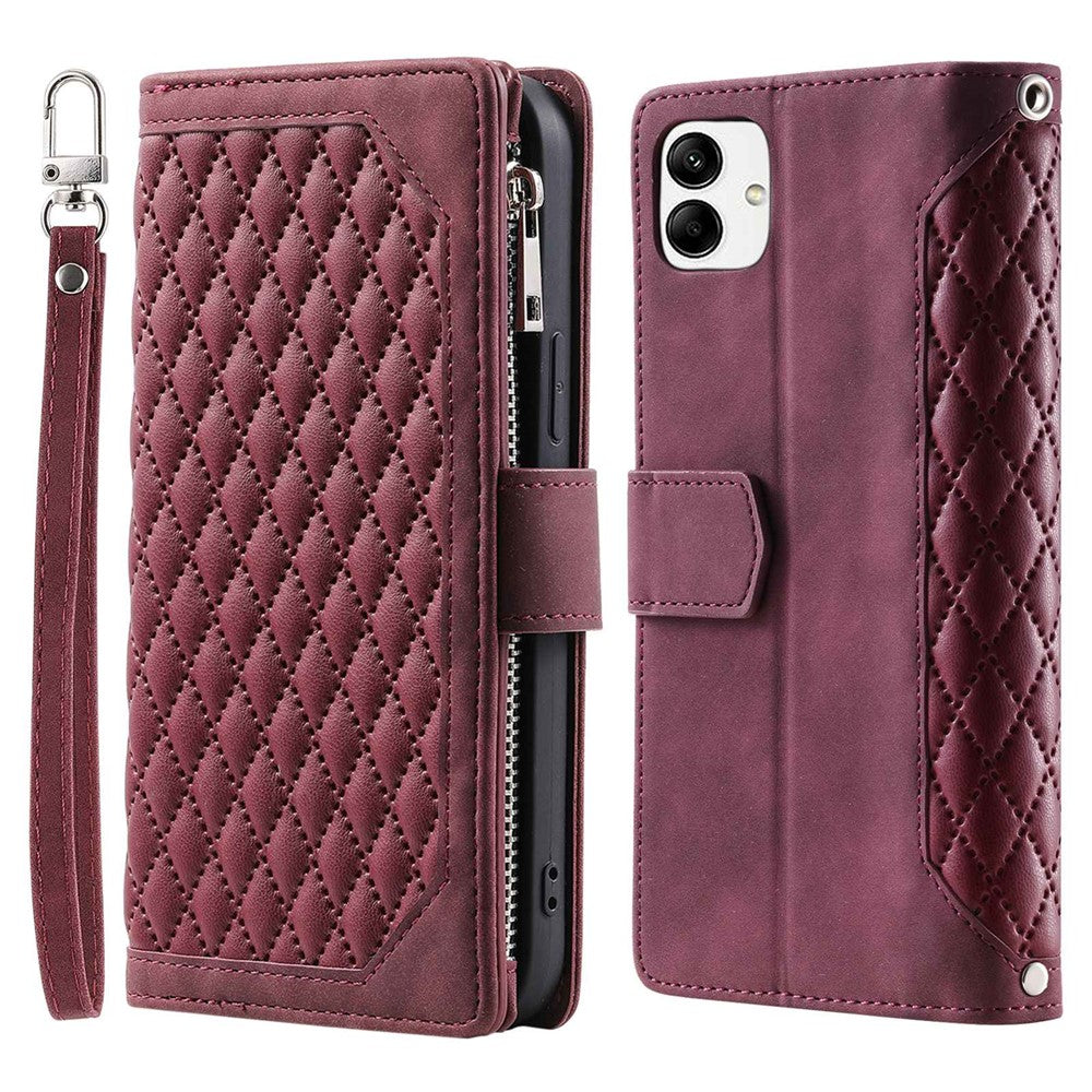 Samsung Galaxy A04 4G (164,4 x 76,3 x 9,1 mm) 005-stil PU-läder Magnetisk handväska Rombpräglad dragkedjaficka Flera kortfack Plånboksfodral med handledsrem