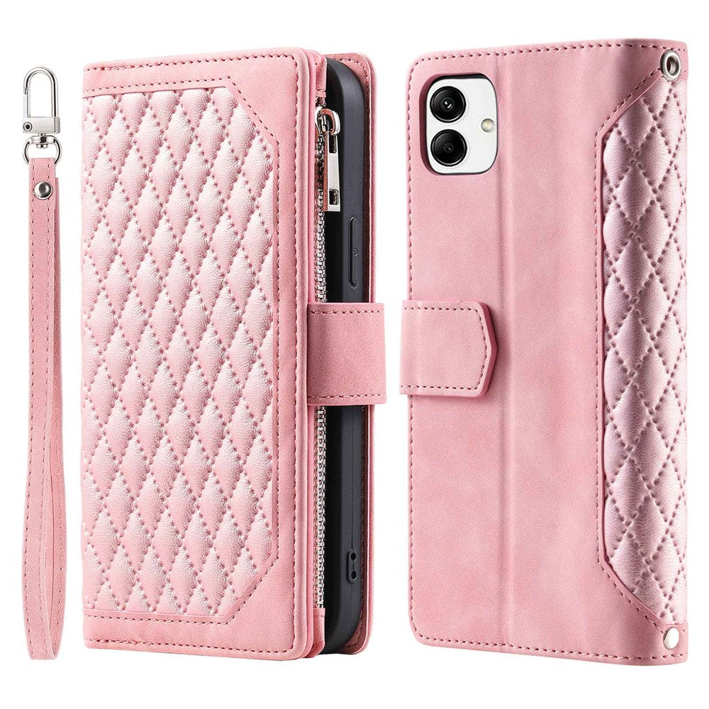 Samsung Galaxy A04 4G (164,4 x 76,3 x 9,1 mm) 005-stil PU-läder Magnetisk handväska Rombpräglad dragkedjaficka Flera kortfack Plånboksfodral med handledsrem