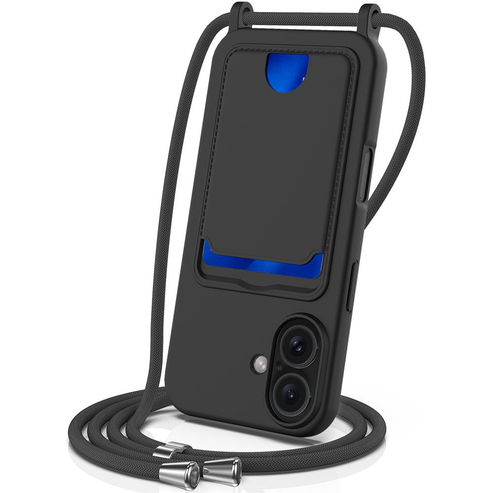 For iPhone 16 Case Liquid Silicone Card Holder Phone Back Cover with Lanyard