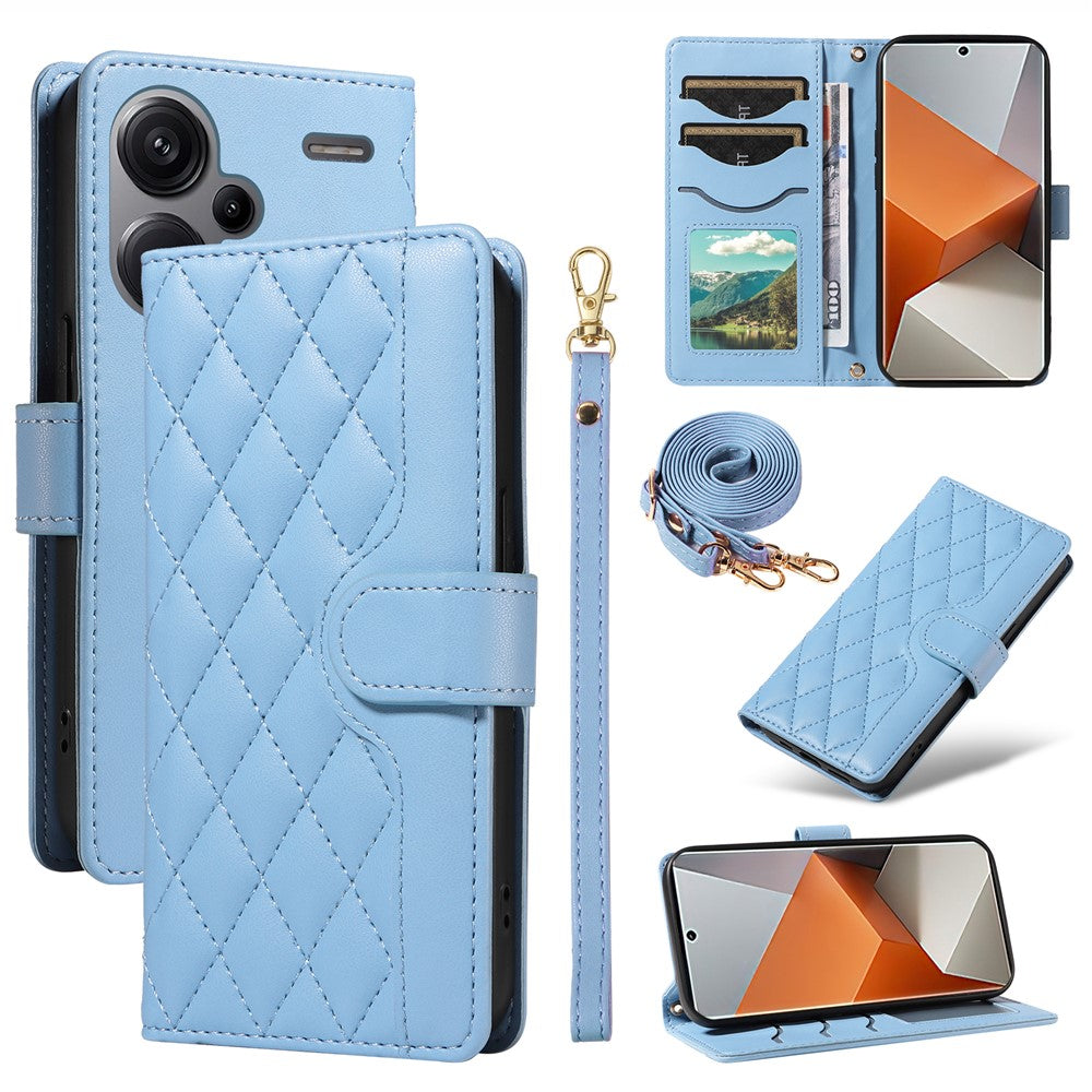 For Xiaomi Redmi Note 13 Pro+ 5G Case Wallet Rhombus Leather Phone Cover with Shoulder Strap, Wrist Strap